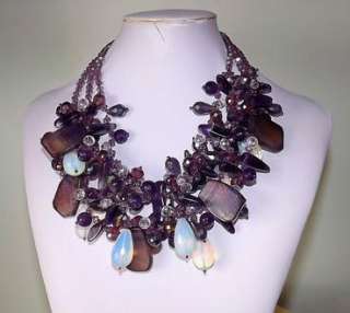   GLASS AB CRYSTALS NECKLACE~HAUTE COUTURE 3 STRAND BIB FRINGE  
