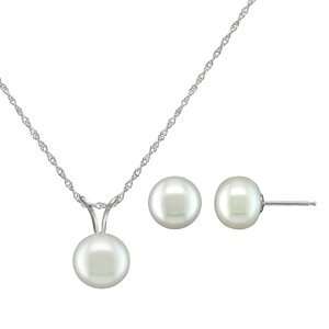 925 Sterling Silver White Freshwater Pearl Pendant and Stud Earring 