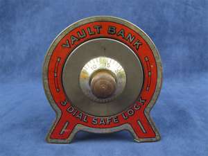 Vintage 1930s Tin 3 Dial Safe Lock Coin Vault Bank  