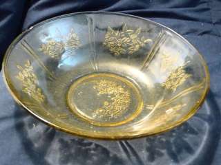Yellow Glass Sherron Serving Bowl Etched Floral Pattern  