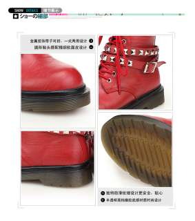 Ladies Red Punk Rock Studded Belt Lace Up Military Combat Ankle Boots 