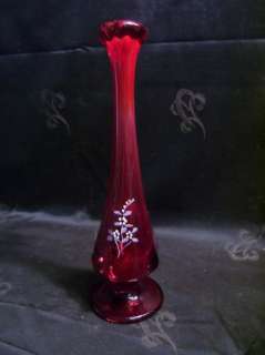 Vintage Fenton Ruby Glass Hand Painted Vase C. Shaffer  