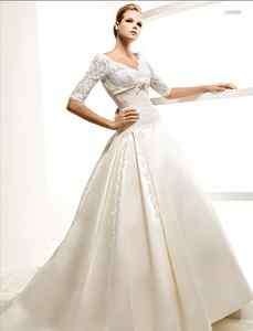 ivory lace&satin embroidery half sleeve wedding bridal dress gown Sz 6 