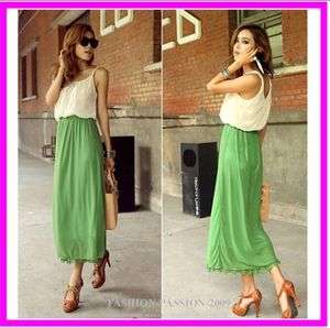 Stunning Chic Lady Elegant Contrast Maxi Full Length Beach Dress Green 