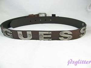 GUESS Brown/Silver Text Mens Logo Leather Belt NWT  