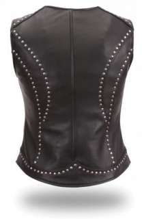Womens Ladies Black Leather Riveted Biker Zip Vest  