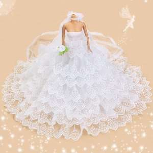  Bridal Wedding Gown Off the shoulder Dress with Veil for Barbie 