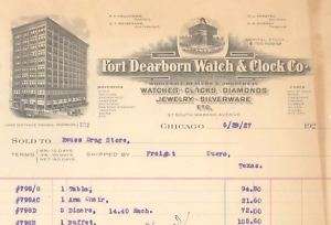 1927 BILLHEAD CHICAGO ILLINOIS WATCH CLOCK FT DEARBORN  
