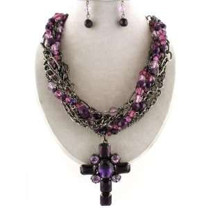  Extra Large Purple Cross Layered Bead Statement Pendant Necklace 