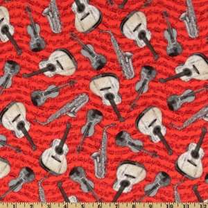  44 Wide Lucys Crowd Instruments Red Fabric By The Yard 