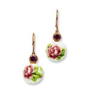  Rose Tone Purple Crystal/Rose Flower Decal Drop Earrings 