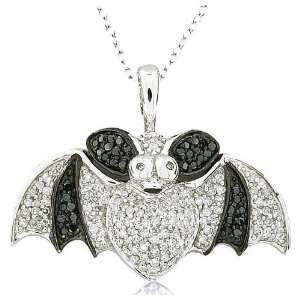   White Gold and 0.84 ctw Black and White Diamond Encrusted Bat Pendant