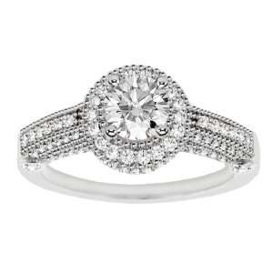 73 CT TW Diamond Encrusted Halo Engagement Ring with Pave Set Side 