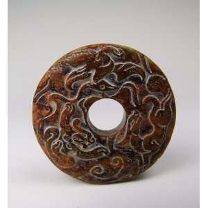  one Carved Jade Bi Disk with Coiled Beast&Phoenix Pattern 
