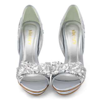   silver sequins bow bridal dress high heels platform pumps shoes  
