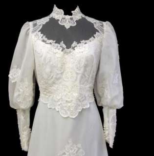 70s Vtg White Edwardian Wedding Prom Bridal Gown Dress High Neck 