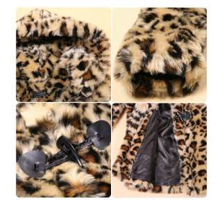 womens leopard FAUX FOX mink fur LINED HOOD COAT FLEECE JACKET 10 12 