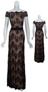 TADASHI Sophisticated Black Lace Cap Sleeve Belted Evening Gown Dress 