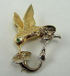  14K Pin Brooch Yellow Gold Hummingbird Silver Trumpet Flower Emerald