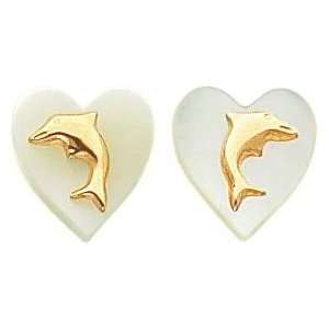    14K Gold Dolphin Mother of Pearl Heart Stud Earrings Jewelry
