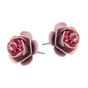 Michal Negrin Stud Earrings with Hand painted Pink Roses and Swarovski 