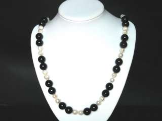 Necklace 30 Black Onyx 14mm Round Beads n White Pearls  
