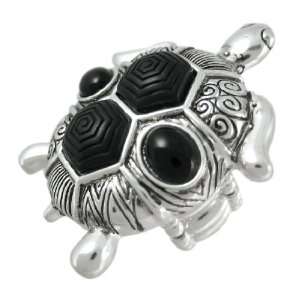    Silvertone Sea Turtle Stretch Ring W/ Black Insets Jewelry