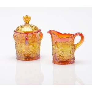 Marigold Carnival Glass Maple Leaf Pattern Creamer & Sugar 