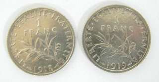 LOT 2 FRANCE FRENCH 1 FRANC SILVER COIN 1918 1919 x  