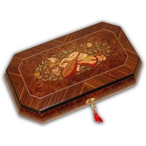   Music Jewelry Box with Unique Instrumental/Floral Inlay, Italian Made