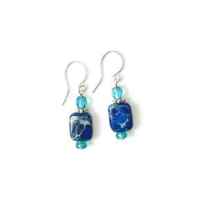 Blue Aqua Terra Jasper and Crystal Glass Dangle Earrings 