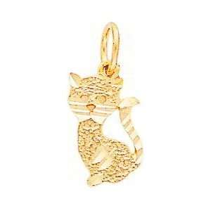  14K Yellow Gold Kitty Cat Charm Diamond Cut Jewelry