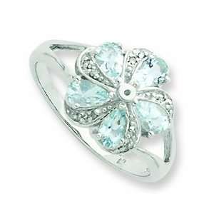  Sterling Silver Rhodium Aquamarine Diamond Ring, Size 7 
