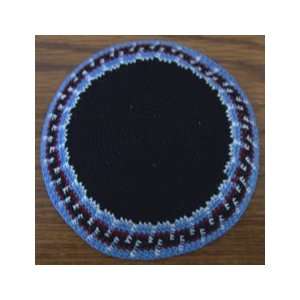  Navy Blue Crocheted Kippah Yarmulke with Burgundy & Black 
