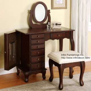 Jewelry Table Mirror and Bench Set Makeup Vanity Stool  