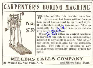 1906 CARPENRTERS BORING MACHINE AD DRILL MILLERS FALLS  