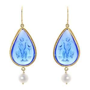   Gold Blue Venetian Cameo with Freshwater Pearls Earrings Jewelry