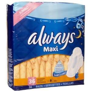 Always Overnight Maxi Pads with Wings Unscented 36 ct (Quantity of 4)