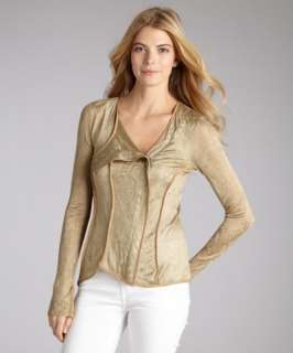 WAYNE khaki lace long sleeve silk trimmed zip front blouse