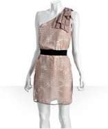 style #306604801 light beige cheetah ruffle one shoulder belted dress