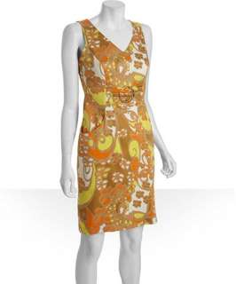 Tahari ASL tan and orange floral stretch cotton belted dress