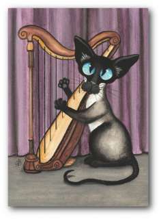 Siamese Cat Concert Musical Playing Harp BiHrLe LE Print ACEO  