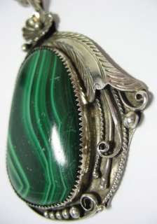 NAVAJO Sterling 925 Large Malachite Necklace Signed GY  