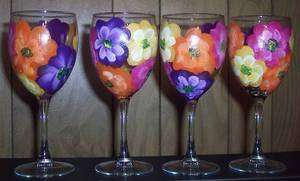 Hand Painted Floral Wine Glasses set of 4 goblets flowers  