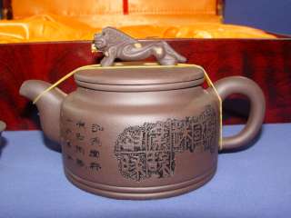 Chinese Yixing Zisha teapot set, set of 7 lion lid  