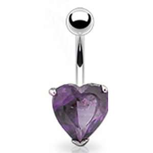 Belly Button Navel Ring with 10 mm Prong Set Purple Solitaire Cz Heart 