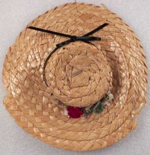 Sweet Vintage BRAIDED STRAW DOLL HAT w VELVET FLOWER TRIM Picture 