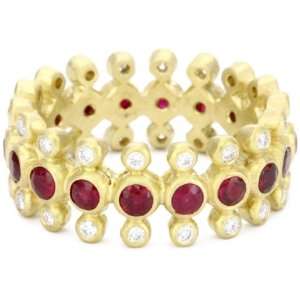 Annie Fensterstock Tiara 18k Yellow Gold Diamond and Ruby Ring, Size 6 