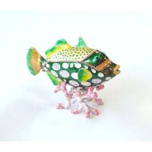   Tropical GREEN Fish on Coral Trinket Box w/ Crystals 