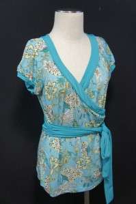 Ann Taylor LOFT Blue/Green/Brown/White Floral Design Cap Sleeve Blouse 